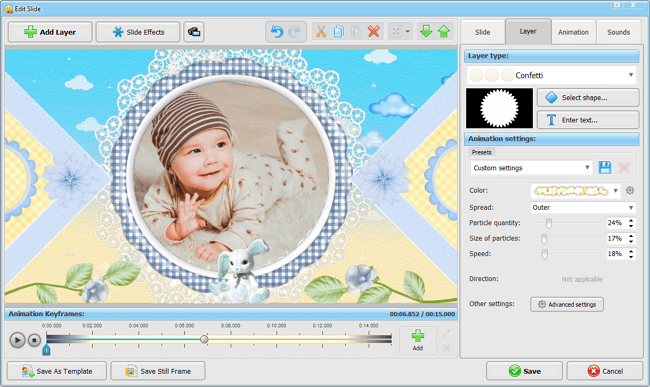 Decorate your baby slideshow with effects, transitions and clipart