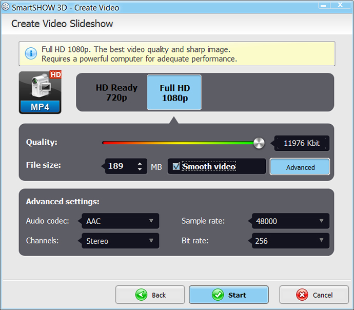 Make slideshow video in HD quality