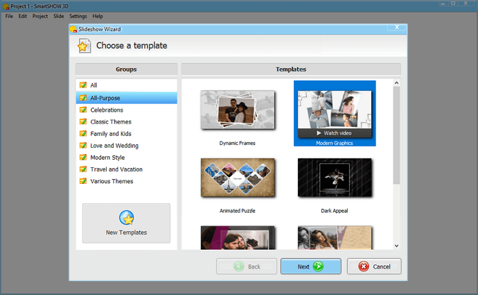 Create a slideshow with music and pictures, pick a ready-made template