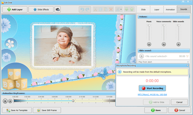 Enliven your baby slideshow with music and baby sounds