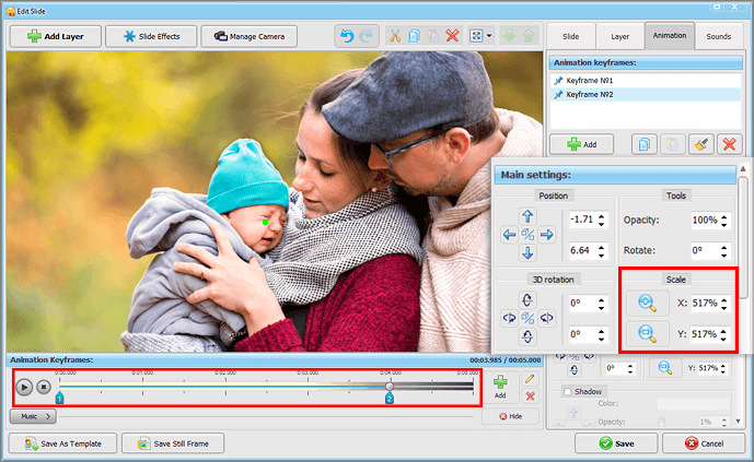 Manage keyframes for classic zoom animation effect