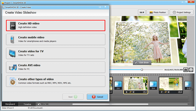 Select a format for your future Facebook slideshow
